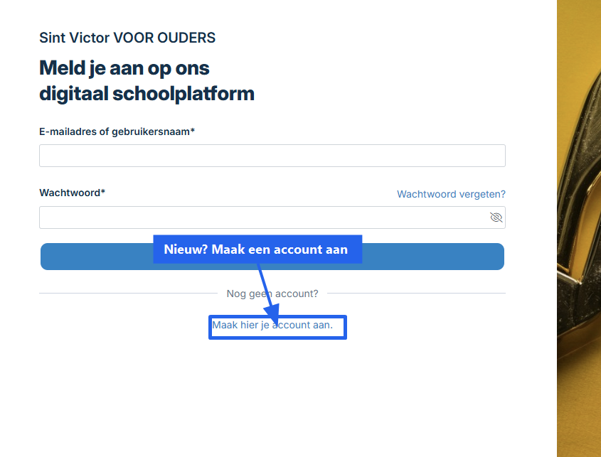 Aanmeldpagina met aanduiding bij account aanmaken