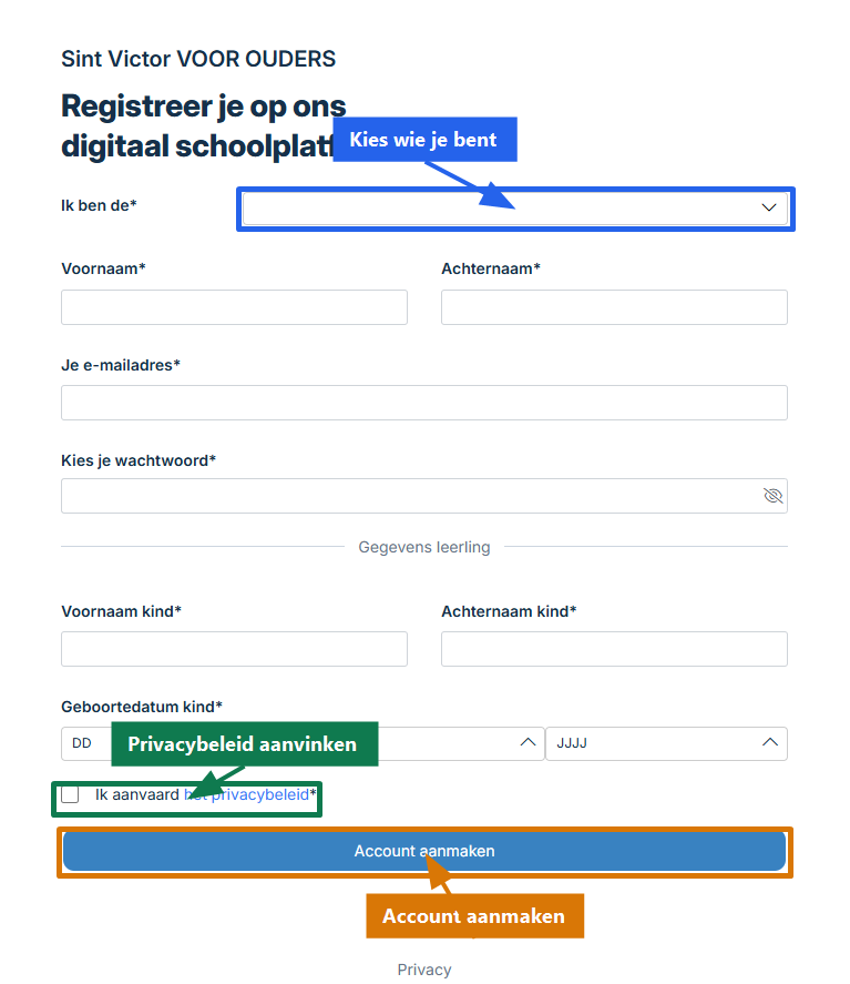 Leeg registratieformulier met aanduidingen