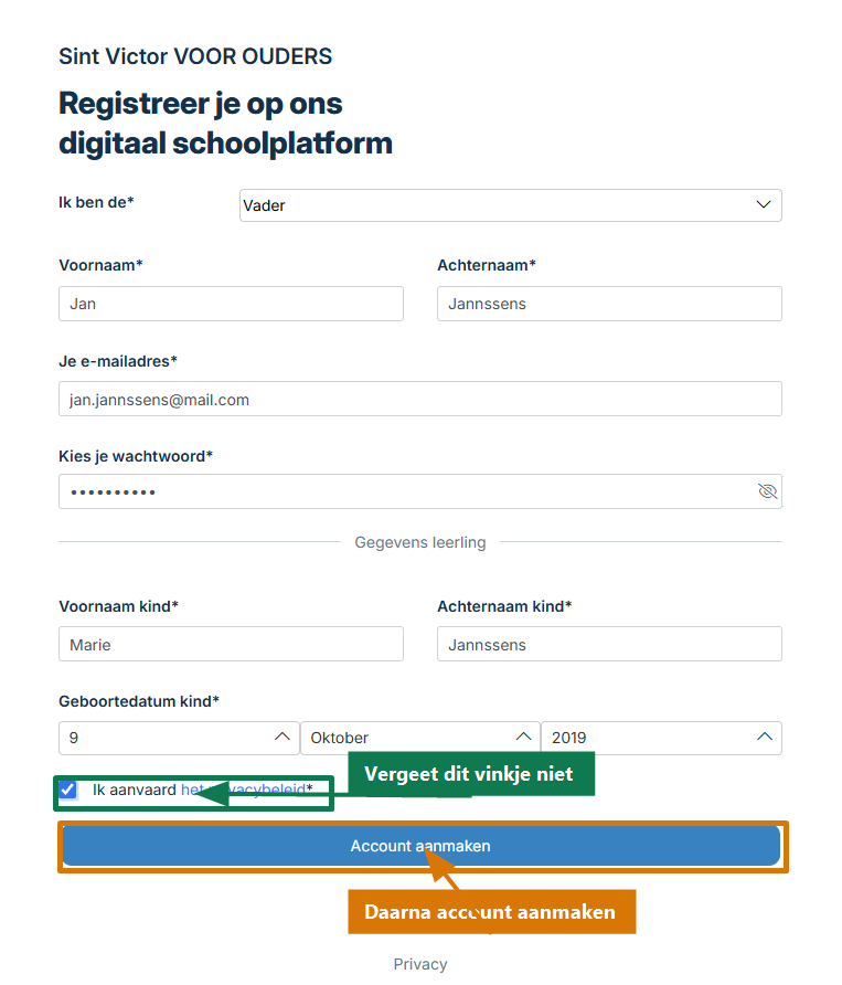 Voorbeeld van ingevuld registratieformulier