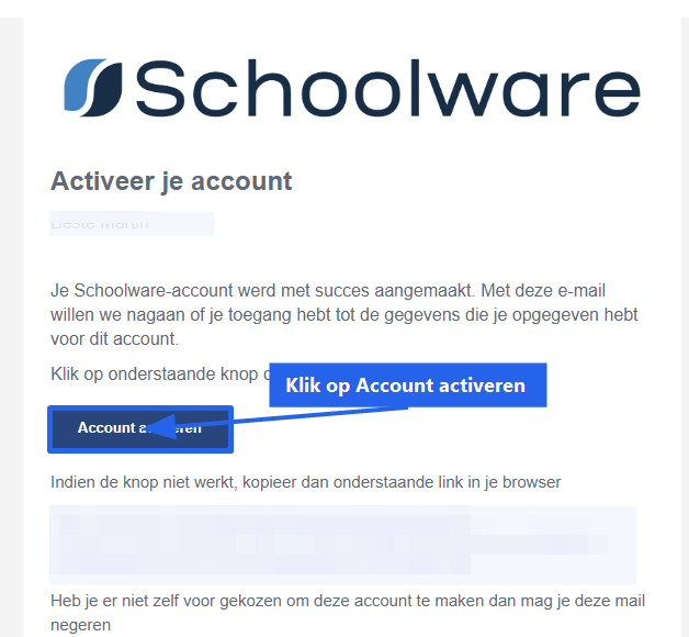 Bevestigingsmail met aanduiding bij Account activeren
