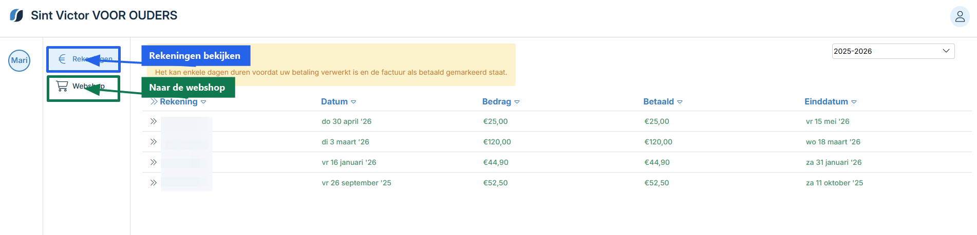 Overzicht van rekeningen en webshopknop