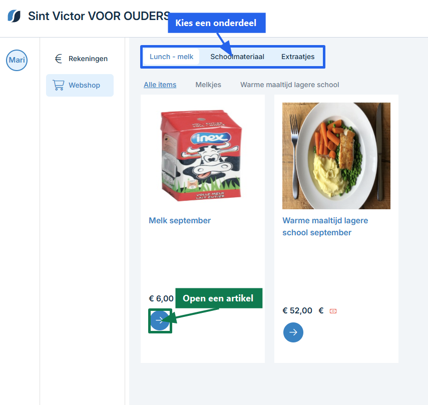 Overzicht van de webshop met onderdelen en artikelen
