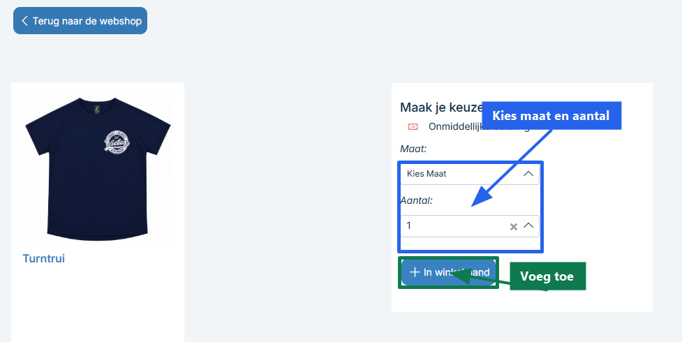 Artikelpagina met maat, aantal en knop In winkelmand